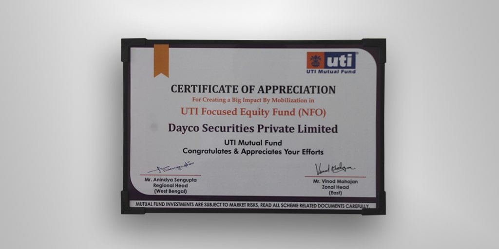 The certificate of gratitude about Dayco's mobilisation of the UTI Focused Equity Fund (NFO) in 2021–2022.